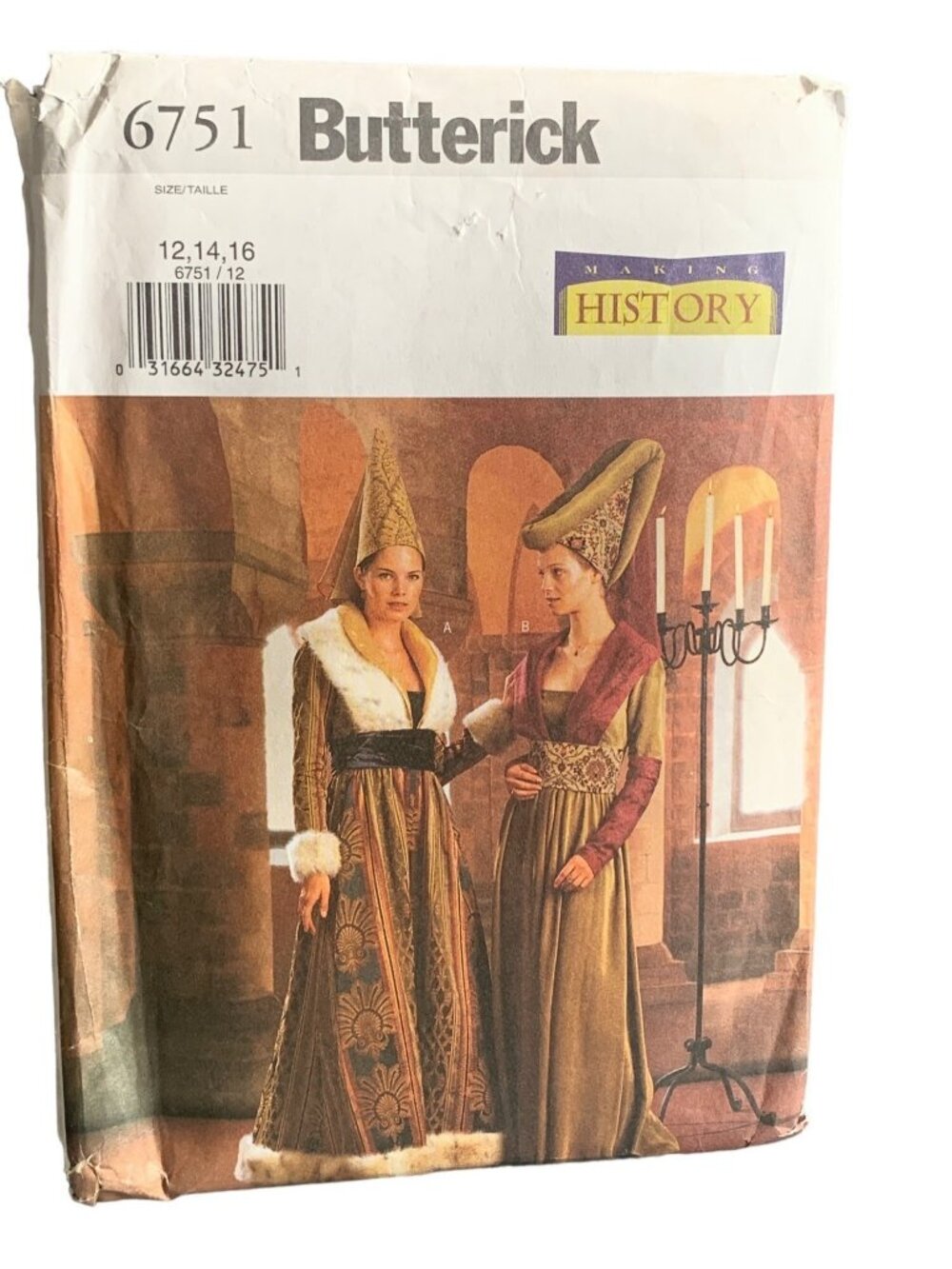 Butterick 6751 Medieval Dress Headpiece Sewing Pattern Size 12-14-16 Uncut